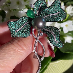 10.8mm Tahitian Pearl Brooch very high luster sparkling green cubic zircons