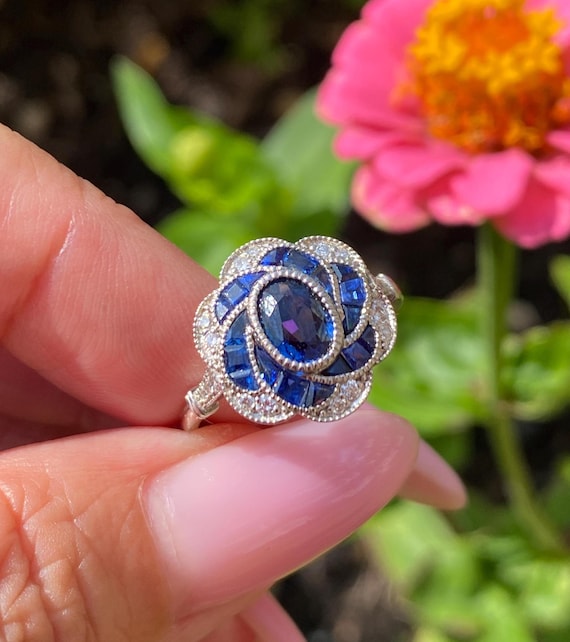 Reserved-Art Deco Floral Sapphire Diamond Ring – Pt950 Platinum, GGL Certified