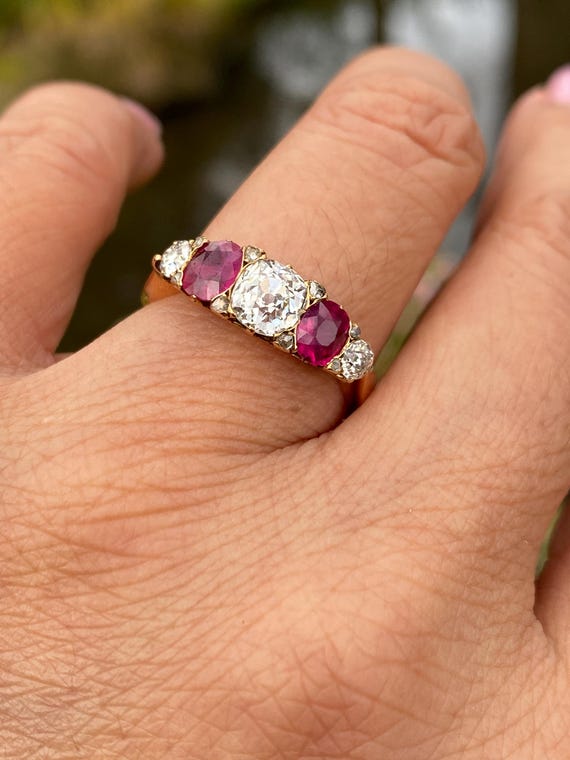 Victorian Ruby Diamond Ring | 18K Gold Antique Fi… - image 8