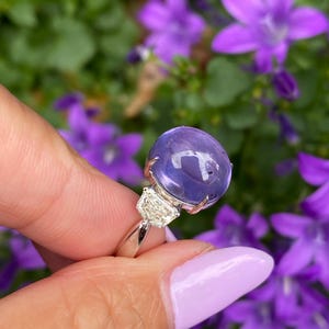 May include: A silver ring featuring a large, round, translucent purple gemstone, flanked by two smaller, clear, rectangular stones. The ring is held against a backdrop of blurred purple flowers and green foliage.