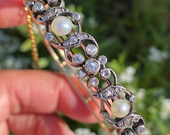 Victorian 18ct gold and silver natural diamonds pearls antique Bangle