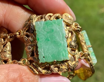 Art Deco Silver Gilt Jadeite Jade Bracelet: Carved Chinese Figures, c.1920s