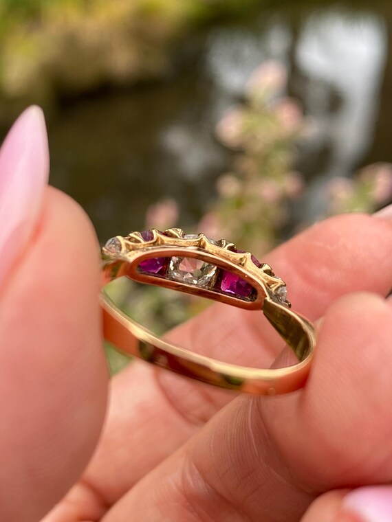 Victorian Ruby Diamond Ring | 18K Gold Antique Fi… - image 6