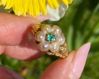 Georgian Regency 15ct gold Natural emerald pearl Antique ring