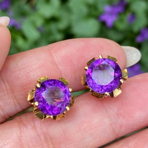 9ct Gold Stud Earrings Full UK Hallmarks Natural Amethyst Elegant Vintage Design