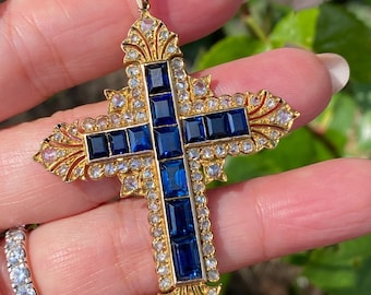 Victorian 9ct Gold Natural Sapphire & Diamond Pendant with Certificate