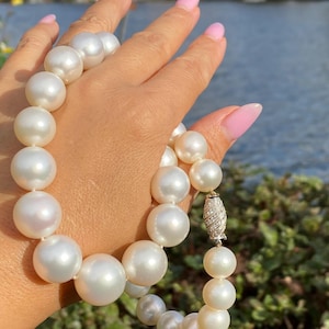 Pode incluir: Um colar de p&eacute;rolas brancas grandes e brilhantes. As p&eacute;rolas s&atilde;o redondas e de tamanho uniforme, com um brilho brilhante. O fecho &eacute; prateado e incrustado com pequenas pedras brilhantes. O colar &eacute; exibido em um fundo de &aacute;gua e vegeta&ccedil;&atilde;o.