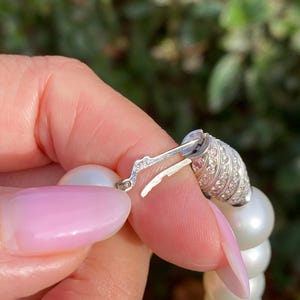 Pode incluir: Close-up de um colar de p&eacute;rolas com fecho prateado. O fecho &eacute; adornado com pequenas pedras brilhantes. As p&eacute;rolas s&atilde;o grandes e brancas, enfiadas para formar uma pe&ccedil;a de joalharia cl&aacute;ssica. O fundo &eacute; verde desfocado.