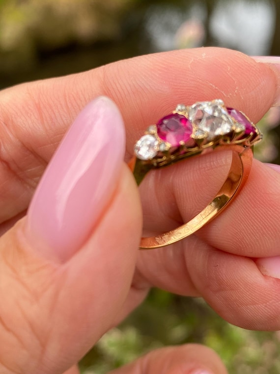 Victorian Ruby Diamond Ring | 18K Gold Antique Fi… - image 5