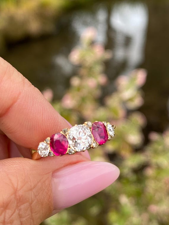 Victorian Ruby Diamond Ring | 18K Gold Antique Fi… - image 2
