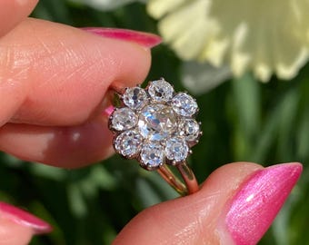 Antique Georgian Diamond Cluster Ring 15ct Gold & Silver Old Mine Cut Diamonds c.1820s–1840s