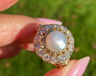 Edwardian Natural Pearl Diamond Ring, 18ct Gold Floral Cluster, c.1910