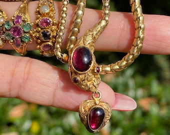 Antique Victorian 15ct gold natural garnet Snake necklace