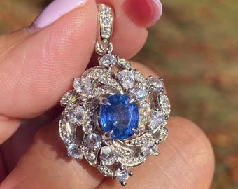Blue Sapphire Floral Pendant: S925 Silver, 18K White Gold Vermeil