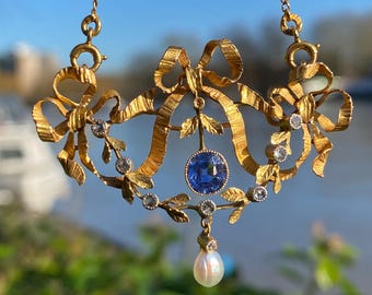 Art Nouveau 18ct gold natural sapphire diamond pearl antique pendant necklace