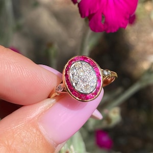 18ct Gold Ruby Diamond Cluster Ring | Art Deco Style Oval Halo (Tested)