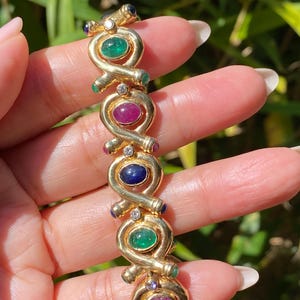 14 Karat Gold Armband Natürliche Rubin, Saphir, Smaragd & Diamant Cabochon Edelsteine