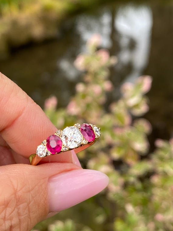 Victorian Ruby Diamond Ring | 18K Gold Antique Fi… - image 3