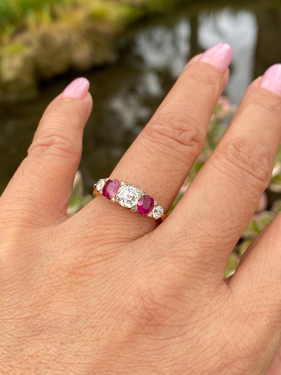 Victorian Ruby Diamond Ring | 18K Gold Antique Fi… - image 11