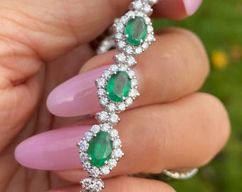8カラット エメラルド＆ダイヤモンド テニスブレスレット 14K ホワイト