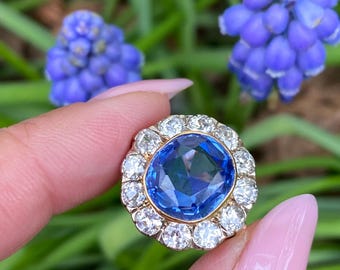 Anello antico edoardiano in oro 18 carati e argento con zaffiro naturale e diamanti con certificato GCS