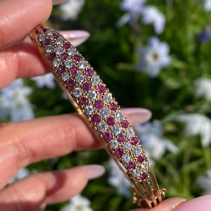 Vintage Ruby & Diamond Bangle | 9ct Gold | Pavé Set | Elegant Fine Jewellery