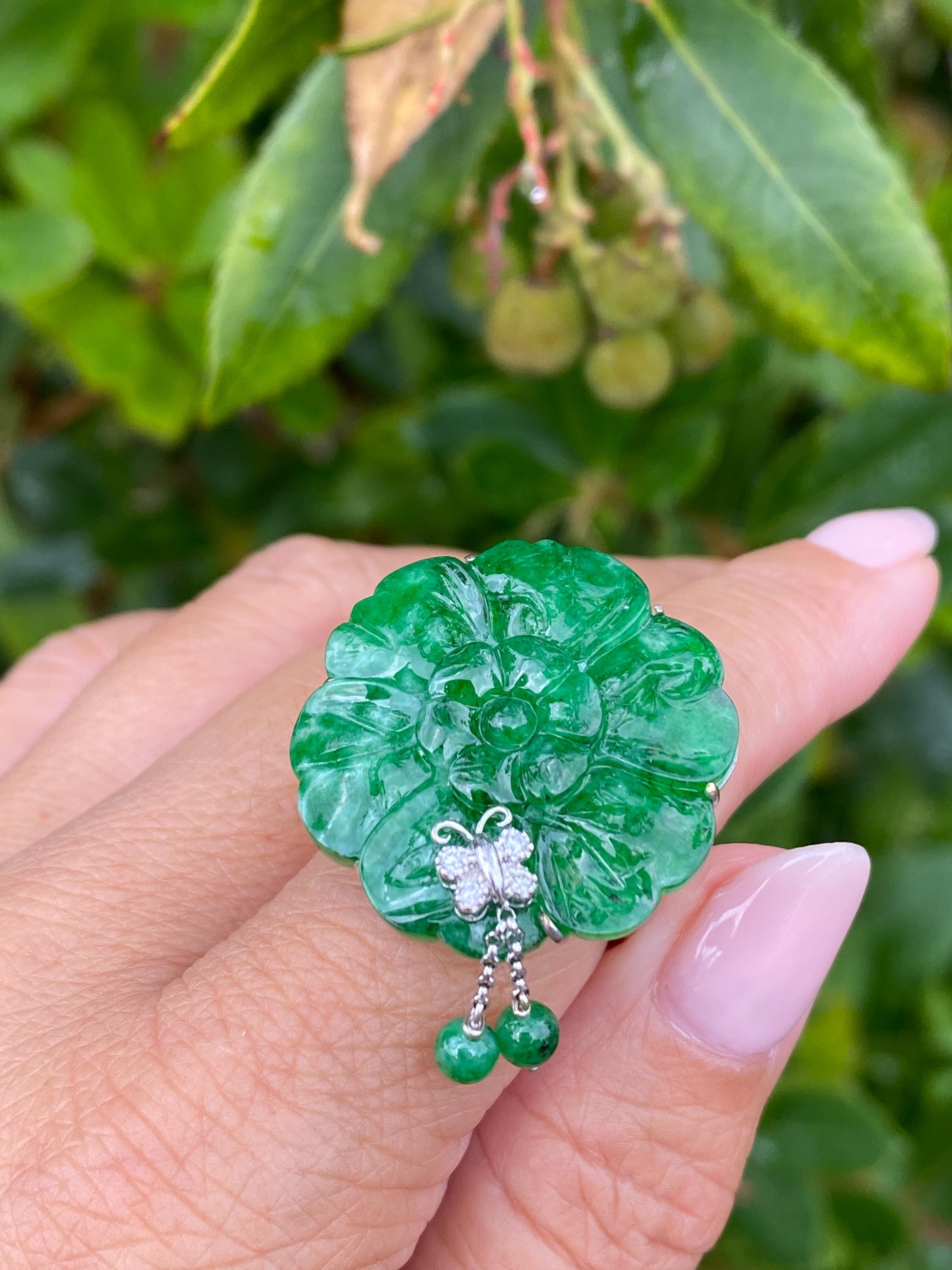 18Kホワイトゴールド「蝶と花」デザインの天然翡翠リング - Etsy 日本
