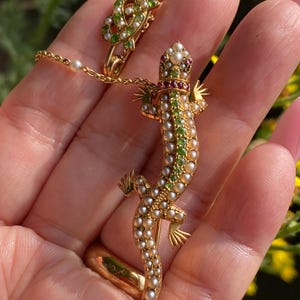Antique Edwardian 18ct Gold Lizard Brooch | Demantoid Garnet, Ruby, Seed Pearl, Original Chain