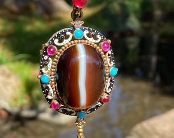 Victorian 18ct Gold Banded Agate Ruby Garnet Diamond Pendant Enamel and Pearl Antique Masterpiece