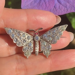 Antique Butterfly Brooch c.1910 Sterling Silver with Ruby & Diamond Pastes