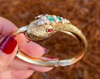 Antique Victoria 15ct gold Natural emerald Snake bangle bracelet