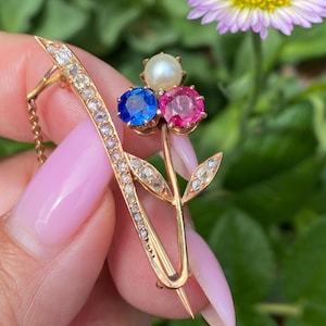 Antique Edwardian 18ct Gold Floral Brooch: Ruby, Sapphire, Pearl, Rose Cut Diamonds