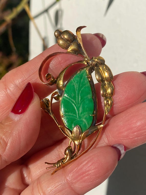 Pendentif Broche Jadéite Sculpté Main Or Jaune 14k, Floral