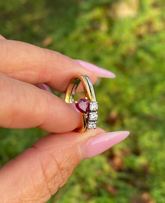 18K Gold Ruby & Diamond Ring | Natural Ruby | Three Diamond Accent | Two-Tone Gold Fine Jewellery