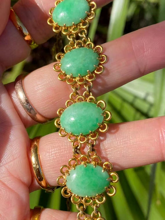 18ct Gold Natural Jadeite Jade Bracelet Untreated Cabochons Fine Jewellery