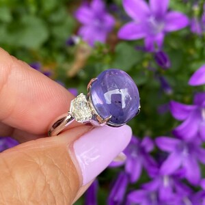 May include: A silver ring featuring a large, round, purple gemstone and two smaller, clear, rectangular stones. The ring is held in front of a blurred background of purple flowers and green foliage.