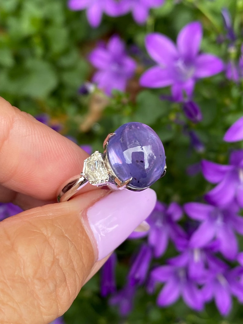 May include: A silver ring featuring a large, round, purple gemstone and two smaller, clear, rectangular stones. The ring is held in front of a blurred background of purple flowers and green foliage.