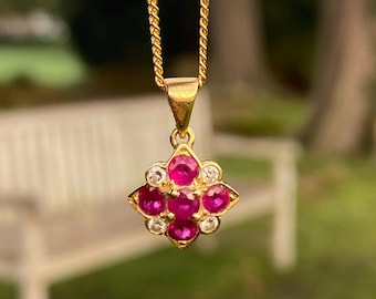 18K Gold Ruby Diamond Pendant Necklace | Vintage Floral Jewelry