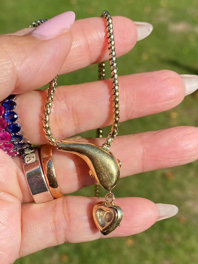 May include: A gold-toned necklace with a snake-shaped pendant and a heart-shaped charm. The necklace has a delicate chain and is displayed against a blurred green background. Other gold rings and a ring with blue and pink stones are also visible.