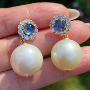 18K Gold Hallmarked South Sea Pearl 15.7mm Natural Sapphire and Diamond Elegant Drop Earrings