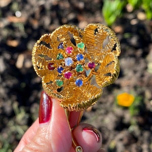 French 18k gold Natural ruby, sapphire and diamond Open close flower brooch