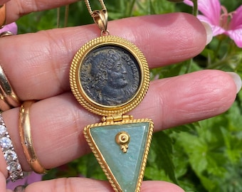 18k Gold Frame Double-Sided Ancient Coin Natural Jadeite jade Pendant