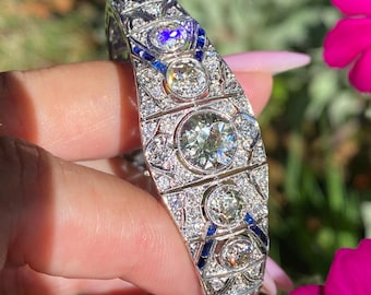 Art Deco Diamond Sapphire Platinum Bracelet | Old European Cut Diamonds, c.1930