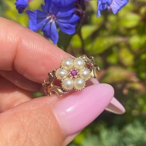 Op de afbeelding: Een gouden ring met een bloemvormig clusterontwerp met zes ronde witte parels rondom een enkele kleine rode edelsteen in het midden. De ringband vertoont ingewikkeld metaalwerk met krulpatronen aan beide zijden van de centrale zetting.