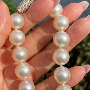 Pode incluir: Close-up de um colar de p&eacute;rolas. O colar apresenta grandes p&eacute;rolas brancas redondas e brilhantes, enfiadas juntas. O fecho &eacute; prateado e adornado com pequenas pedras brilhantes. As p&eacute;rolas s&atilde;o seguradas em uma m&atilde;o.