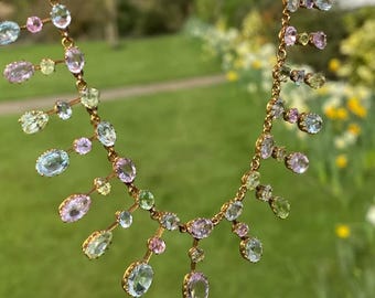 Antique Victorian 15ct gold natural colored gemstone  exquisite Harlequin necklace