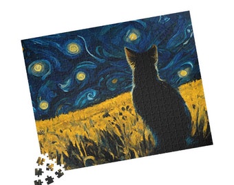 abstract puzzles online Painting of Van Gogh's Cat Looking at a Starry Night Puzzle (500-piece) | Impressionist & Abstract Art | Gift | Art Lovers