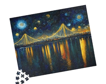 Painting of San Francisco & Bay Bridge Lights on the Bay at Night Puzzle (500-piece) | Impressionist Abstract Art | Art Lovers | Gifts