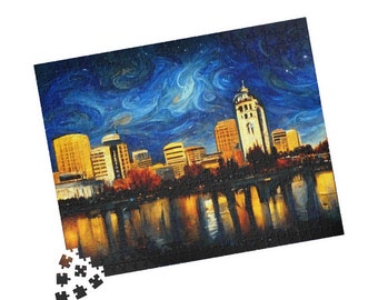 abstract puzzles online Sacramento Art | Painting of Sacramento City Skyline Under a Starry Night | Puzzle (500-piece) | Impressionist Abstract Painting