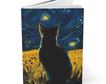 Painting of Van Gogh's Cat Looking at a Starry Night Hardcover Journal Matte | Impressionist & Abstract Art | Gift | Art Lovers